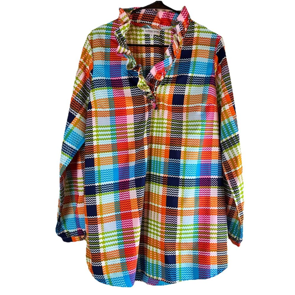 Buckhead Betties Women’s Colorful Plaid Ruffle Collared Blouse Size XL